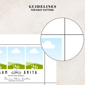 Canva design template for Save the date photo magnets with landscape design and cut-out guidelines on a beige background