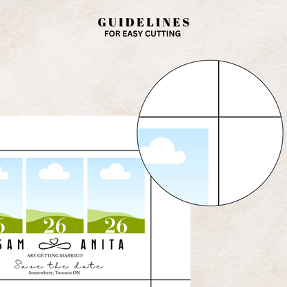 Canva design template for Save the date photo magnets with landscape design and cut-out guidelines on a beige background