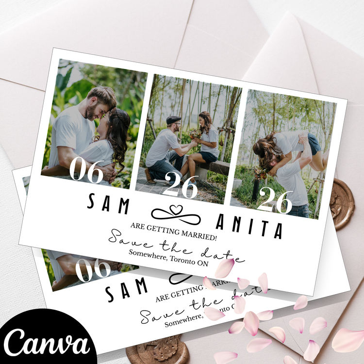 Save the date canva digital design template with photos of a couple and personalized text on a white background for Photo Magnets