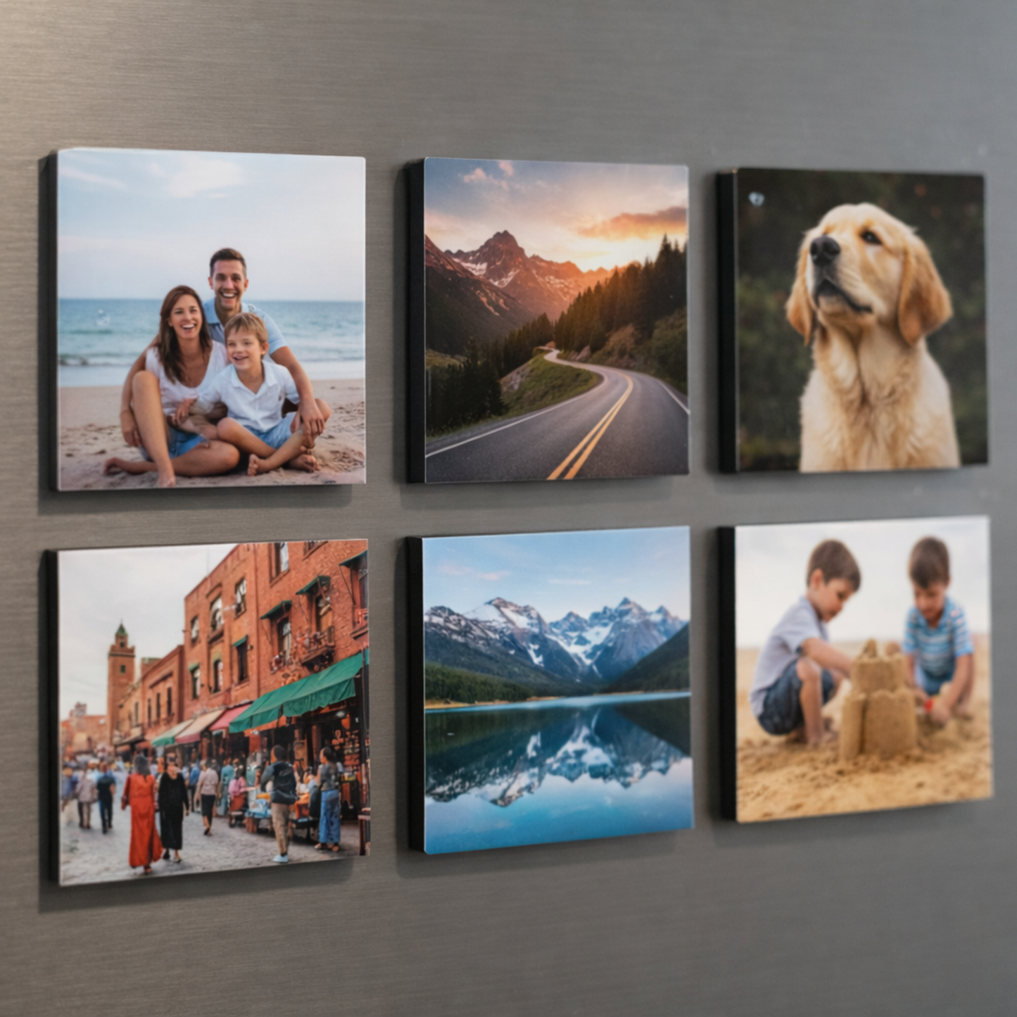 Six framed photographs of a family, nature, and everyday life on a wall.