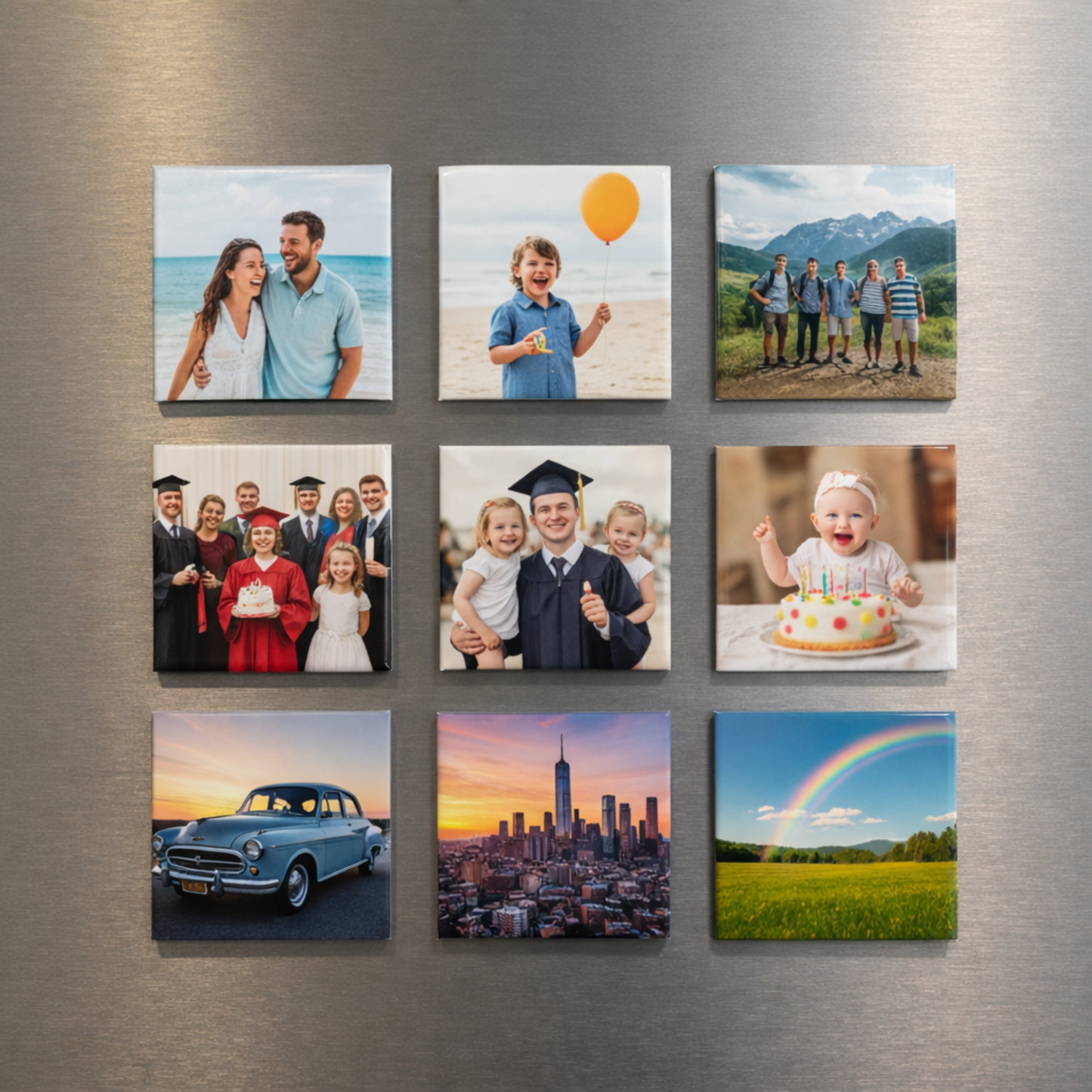 Collection of family photos on a metallic surface