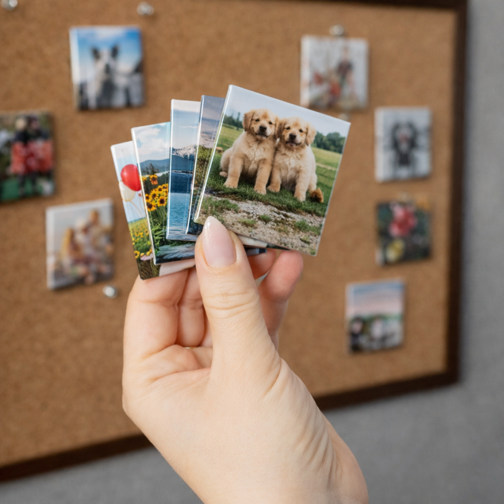 Hand holding a small photo album with images of dogs in front of a corkboard with various photos.