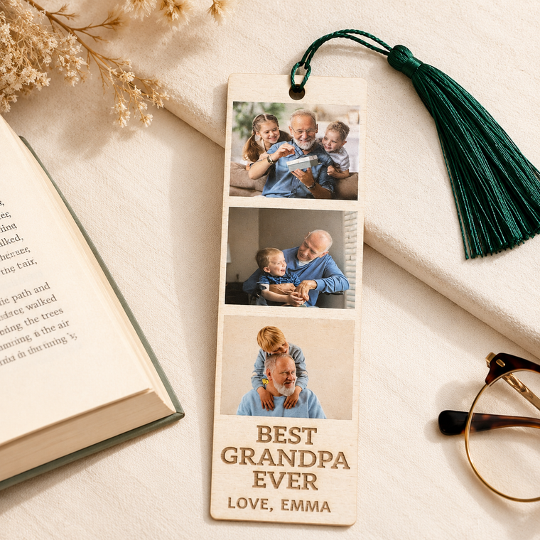 Personalized wooden bookmark with family photos and 'Best Grandpa Ever' text on a book.