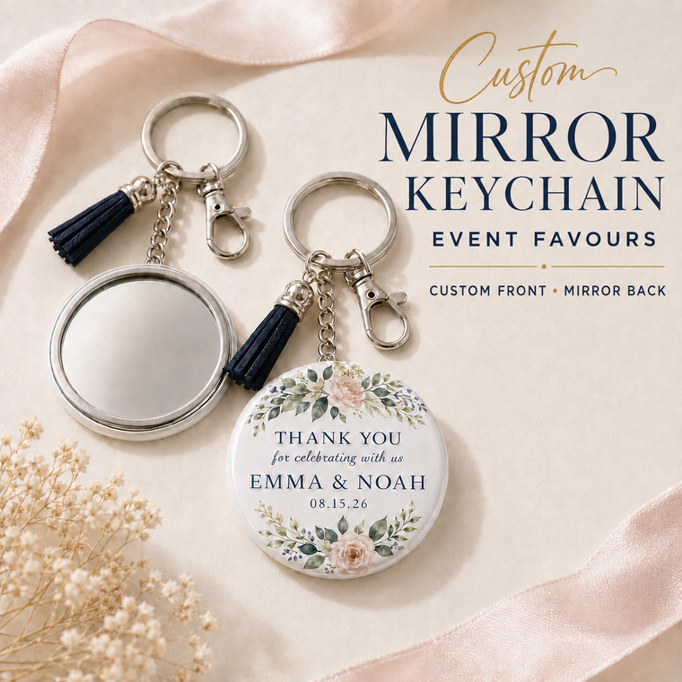 Personalized 2.25" Mirror Keychain Charms | Wedding & Event Favours