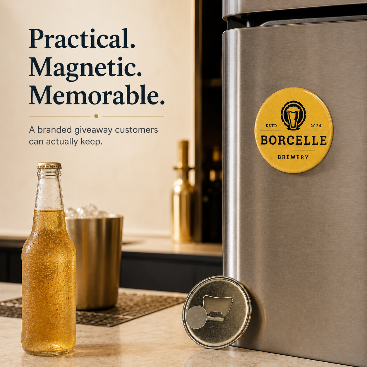 A stainless steel refrigerator or cooler with a circular yellow BORCELLE Brewery magnet on the door and a matching magnet leaning on the bottom edge, shown in a bar-like setting with a glass bottle of amber liquid, a metal cup, and promotional text on a beige wall.