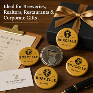 Four round BORCELLE Brewery gift pins in mustard yellow and black are arranged on a wooden tabletop with a black gift box, ribbon, menu, card, and pen. White text at the top reads, 'Ideal for Breweries, Realtors, Restaurants & Corporate Gifts.