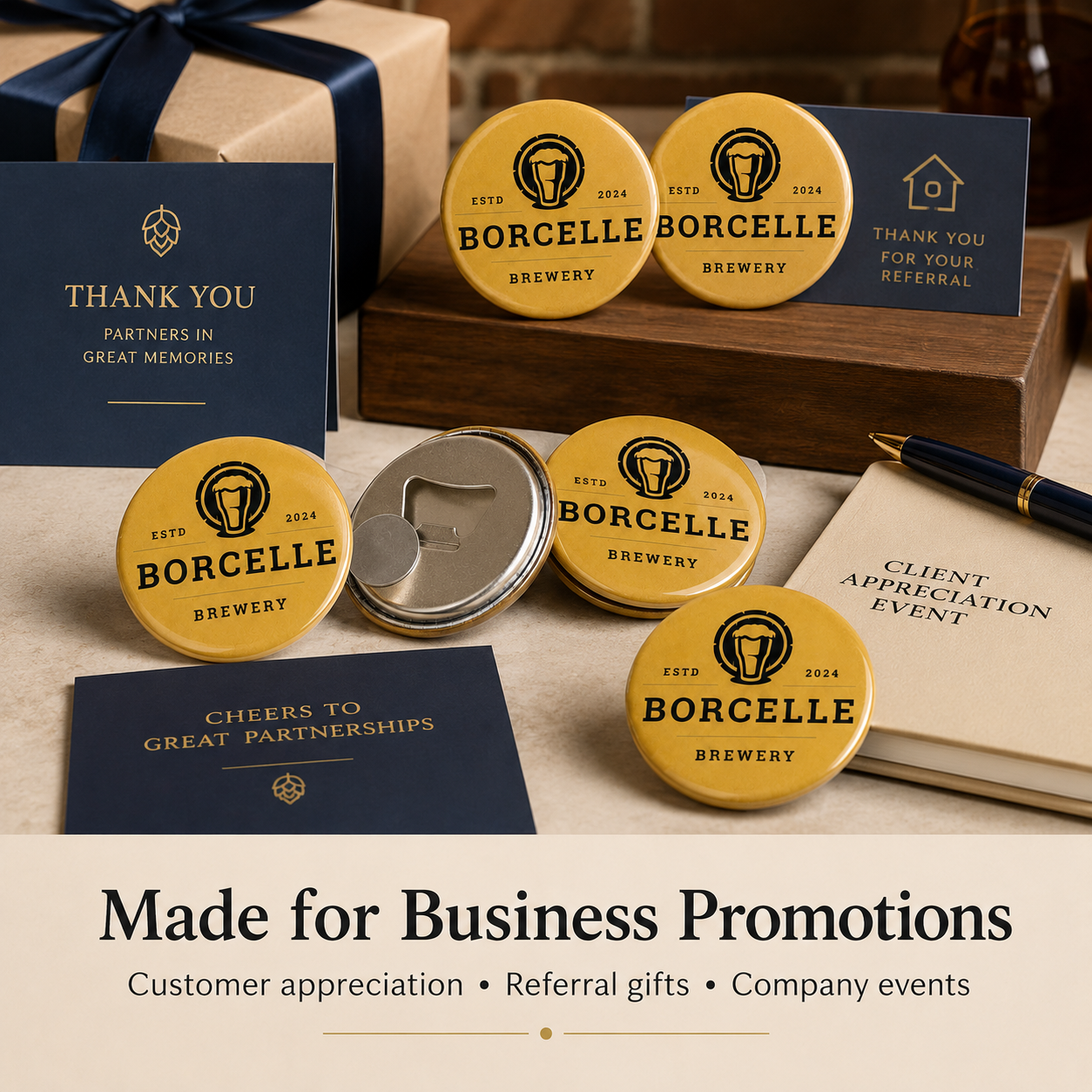A set of gold and navy blue Borcelle Brewery promotional items, including round button badges, a bottle opener, and matching business cards, arranged on a wooden surface with a gift box and pen.