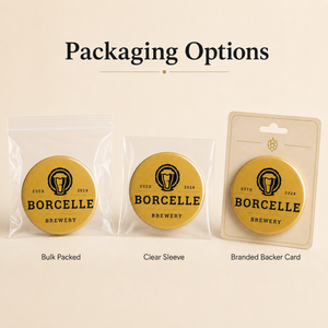 Three packaging options for a BORCELLE Brewery badge pin are shown on a beige background under the heading 'Packaging Options.' The round gold pin with black text and logo appears in a clear plastic bag labeled 'Bulk Packed,' in a clear sleeve labeled 'Clear Sleeve,' and on a branded backing card labeled 'Branded Backer Card.