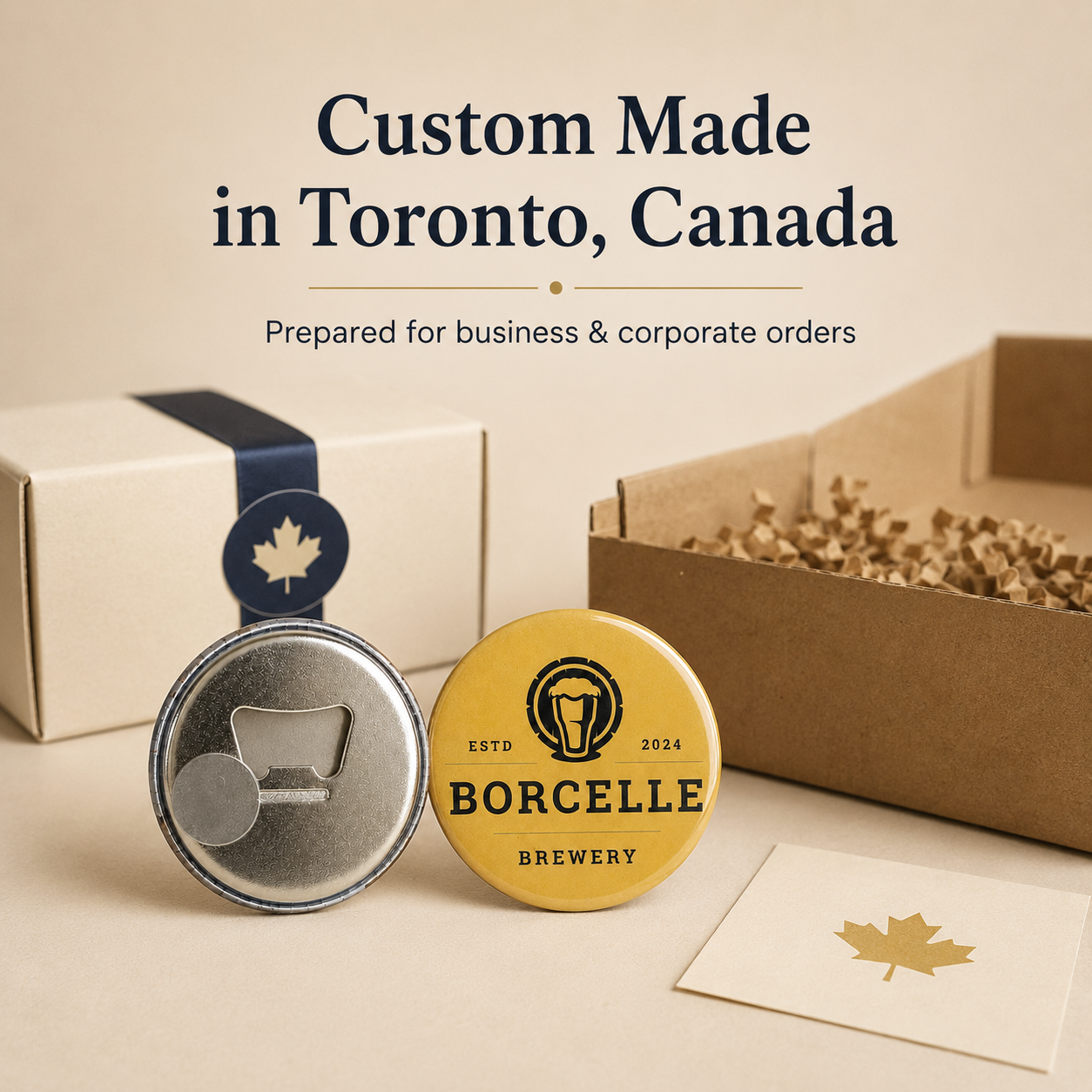 Custom made metal pinback buttons and branded packaging boxes on a beige surface, with text reading 'Custom Made in Toronto, Canada' and 'Prepared for business & corporate orders.' One button is yellow with black BORCELLE BREWERY branding and a maple leaf, and another button shows the silver metal back with a bottle opener cutout.