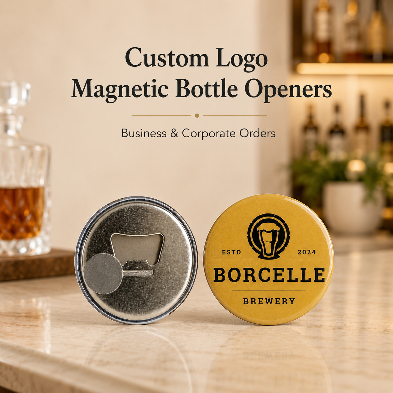 Two round magnetic bottle openers on a bar counter, one showing the silver metal bottle opener side and the other showing a yellow circular insert with black BORCELLE BREWERY branding. Text above reads 'Custom Logo Magnetic Bottle Openers' and 'Business & Corporate Orders.