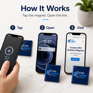 An instructional graphic showing how to use Snap Square Business Magnets with three labeled steps: tap the magnet, open the link, and visit the custom website. A hand is visible holding a smartphone on a light marble surface, with the blue square magnets and phones arranged to demonstrate the NFC interaction.