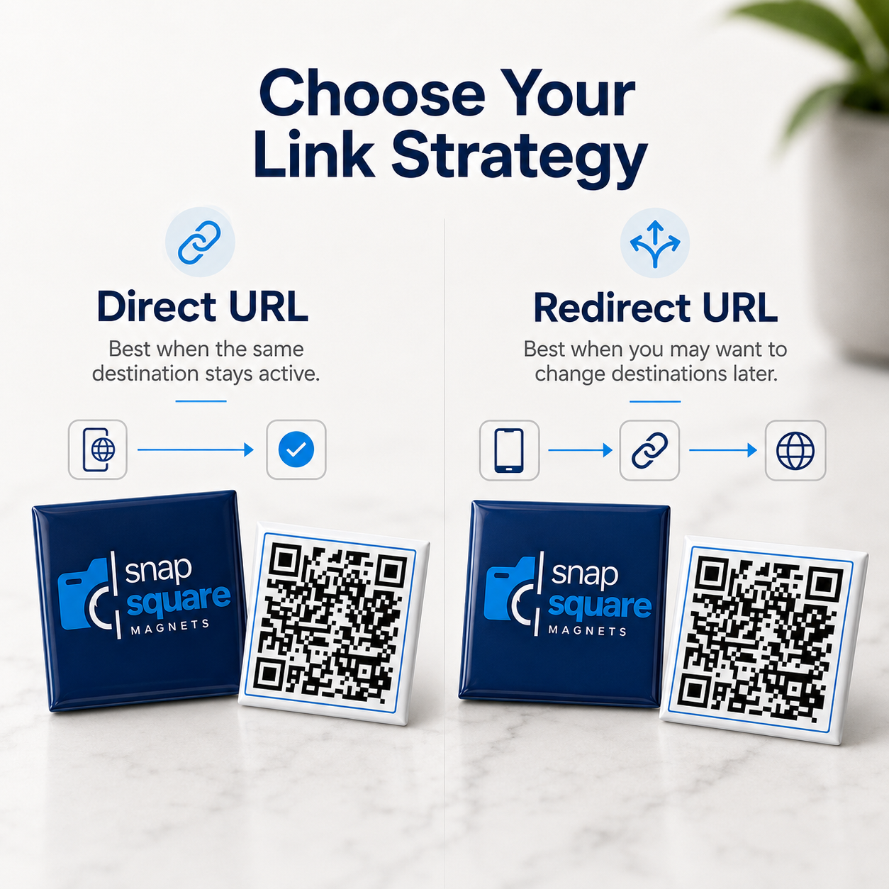 An infographic titled 'Choose Your Link Strategy' compares Direct URL and Redirect URL options for snap square magnets, showing examples with QR codes and blue snap square magnets on a light marble surface.