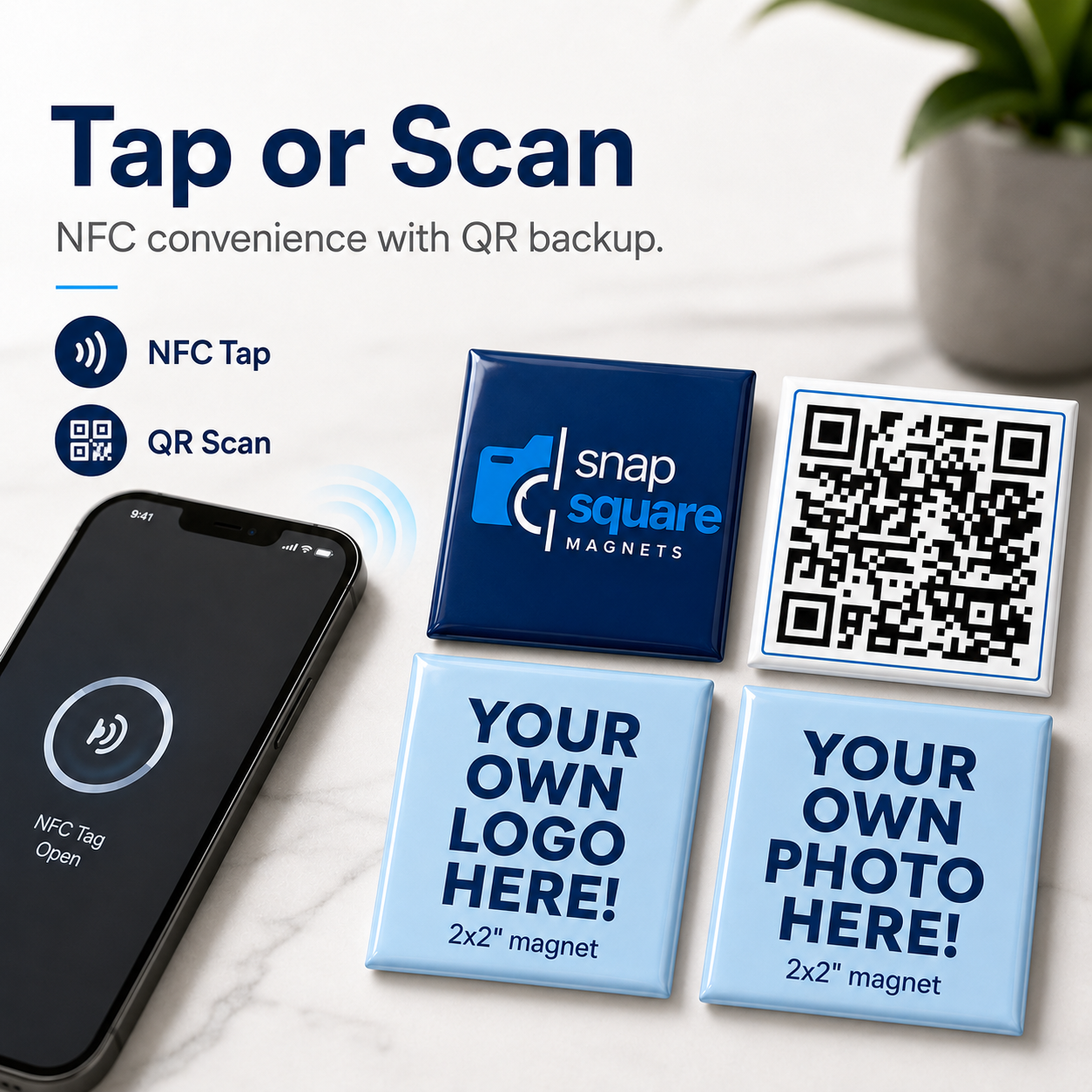 Four customizable square NFC QR backup magnets shown on a light marble surface, alongside a smartphone demonstrating NFC tap and QR scan functionality. The magnets include options with custom logos, custom photos, and blank text placeholders.