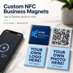 Custom NFC business magnets shown on a light marble surface next to a smartphone. The image includes text reading 'Custom NFC Business Magnets' and shows sample magnets: one dark blue with a snap square logo, one with a QR code, and two light blue sample magnets with placeholder text.