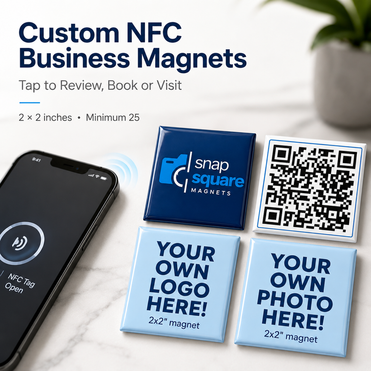Custom NFC business magnets shown on a light marble surface next to a smartphone. The image includes text reading 'Custom NFC Business Magnets' and shows sample magnets: one dark blue with a snap square logo, one with a QR code, and two light blue sample magnets with placeholder text.
