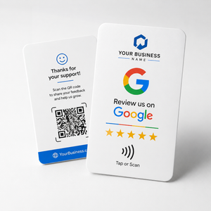 Two white plastic feedback cards shown on a light gray studio background. The front card has a Google review prompt with a multicolor Google logo, five gold stars, and text reading 'Review us on Google' and 'Tap or Scan.