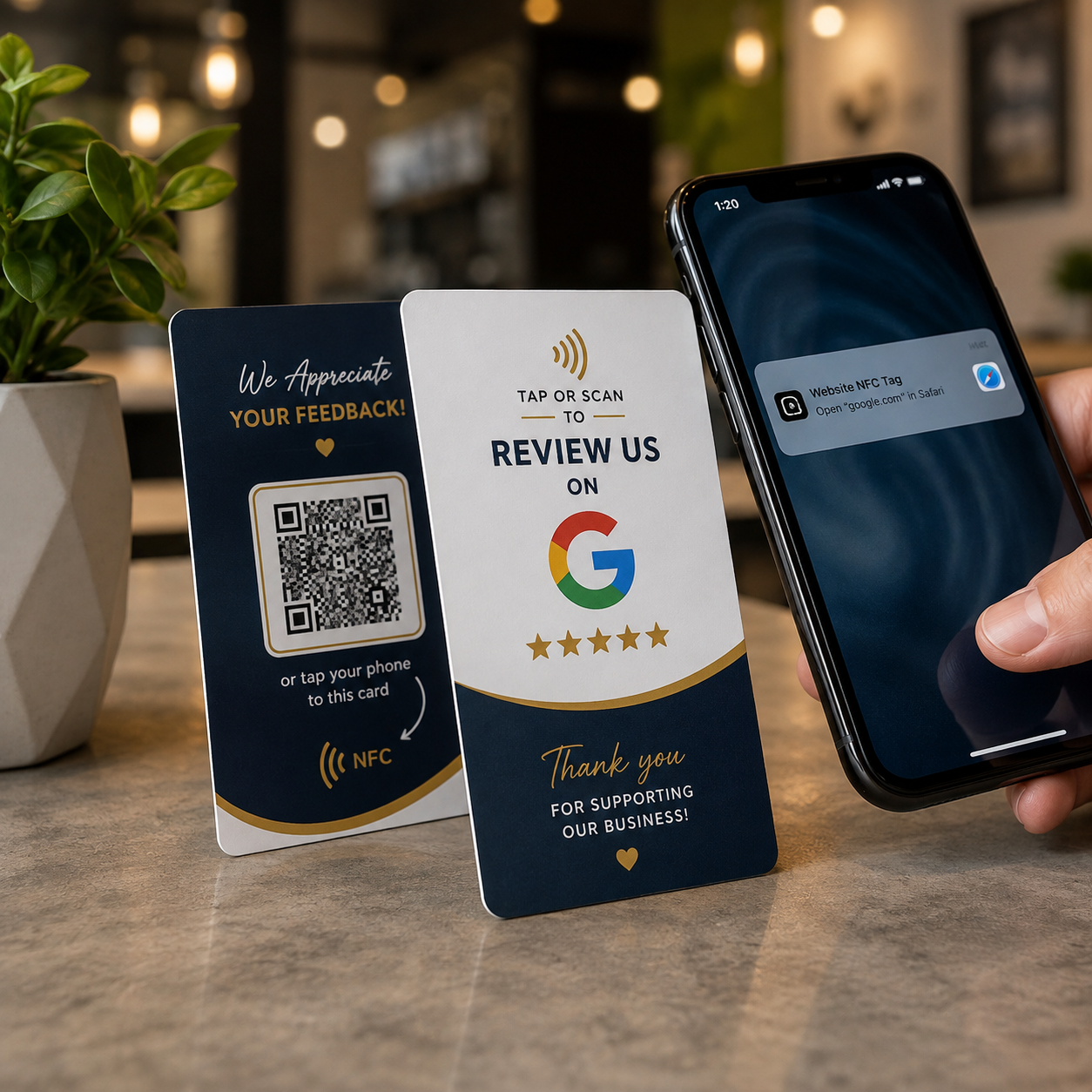 A hand holds a smartphone next to two NFC review cards on a countertop in a cafe setting. One card is navy blue with gold text and a QR code, and the other is white with the Google review prompt and five gold stars.