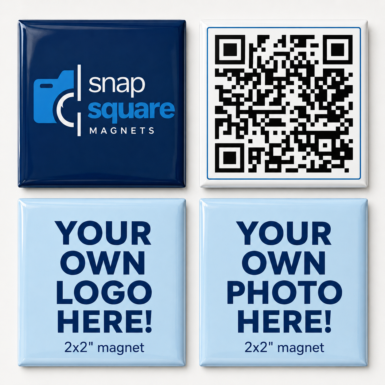Four promotional Custom magnets with customizable text and a QR code on a white background