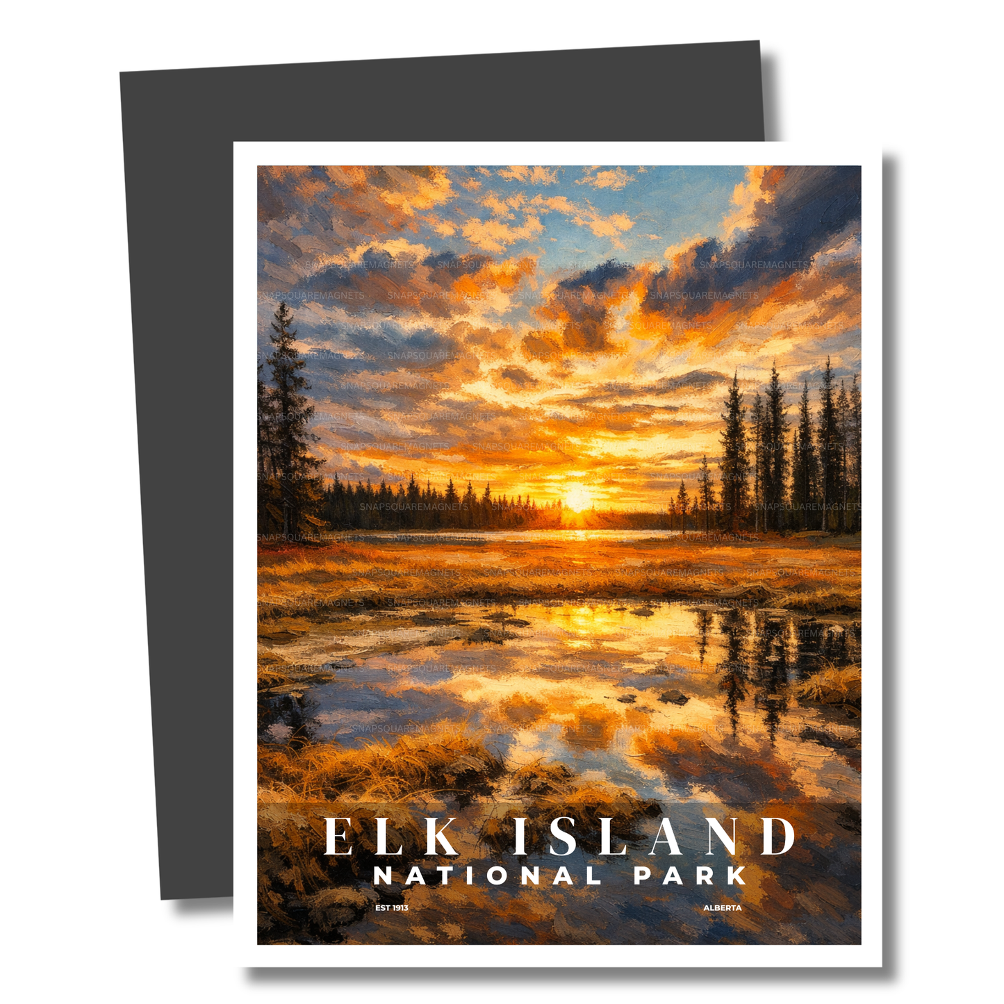 Magnet of Elk Island National Park with a sunset over a lake and trees.