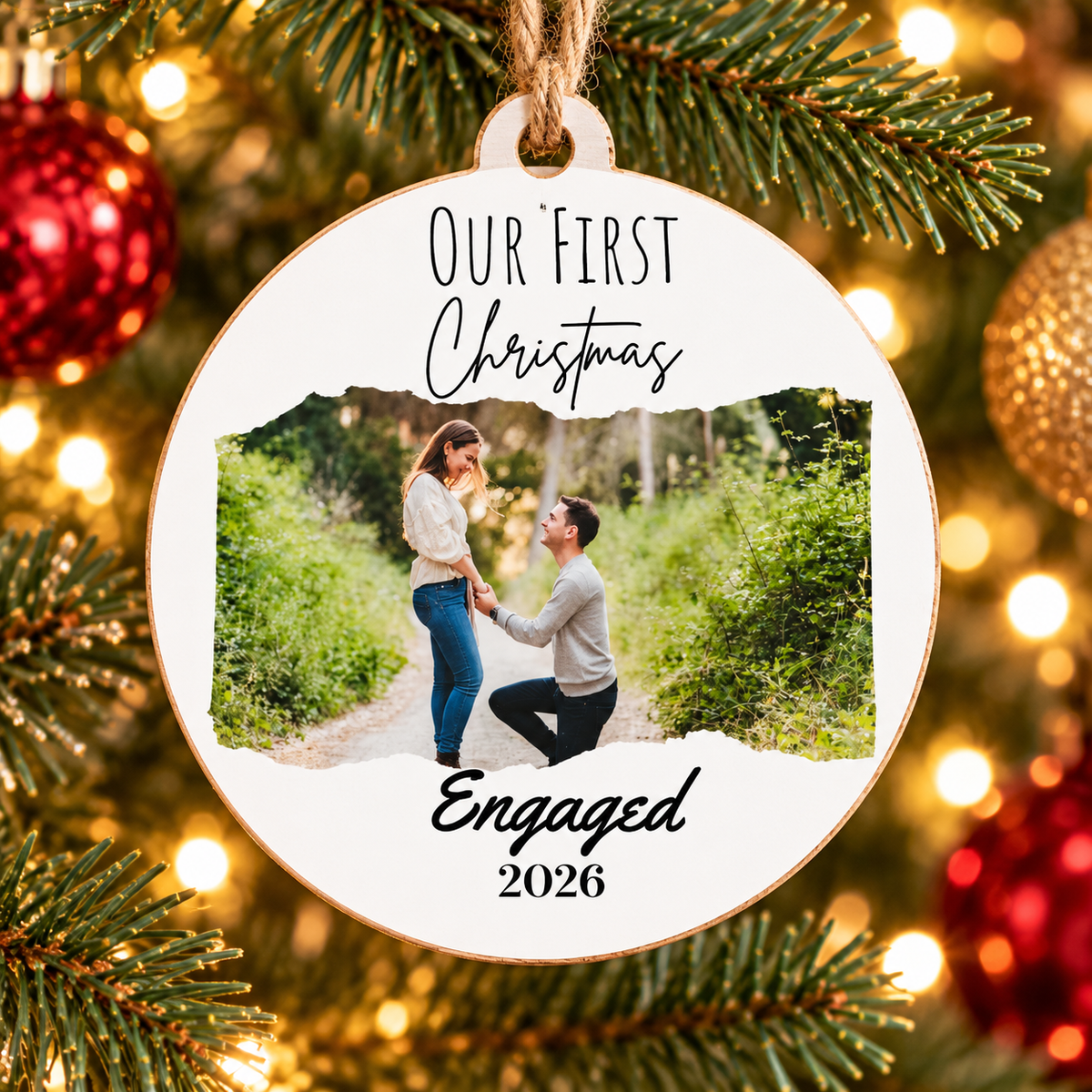 Our First Christmas Engaged Photo Ornament – Personalized Wooden Keepsake
