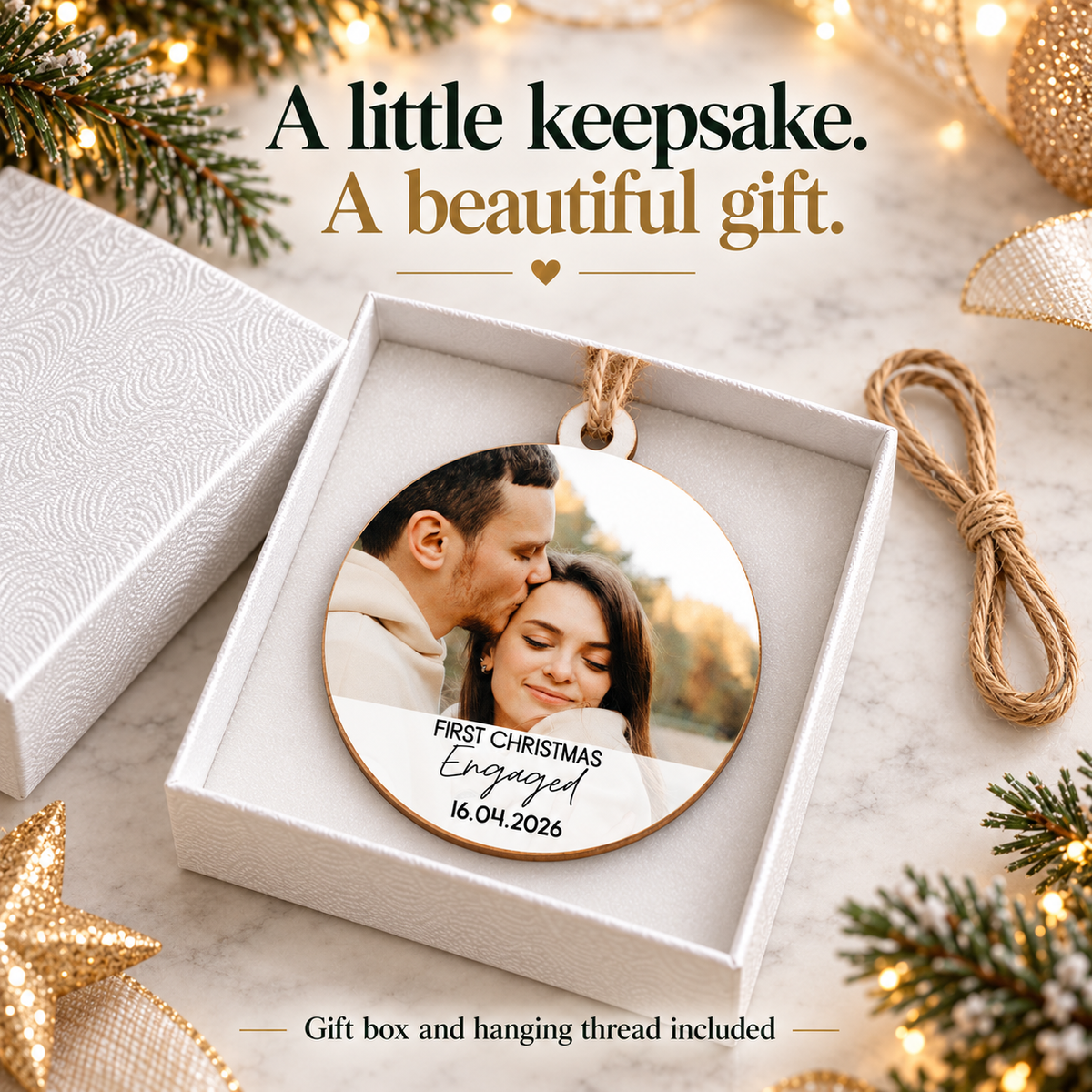 First Christmas Engaged Photo Ornament – Personalized Wooden Keepsake
