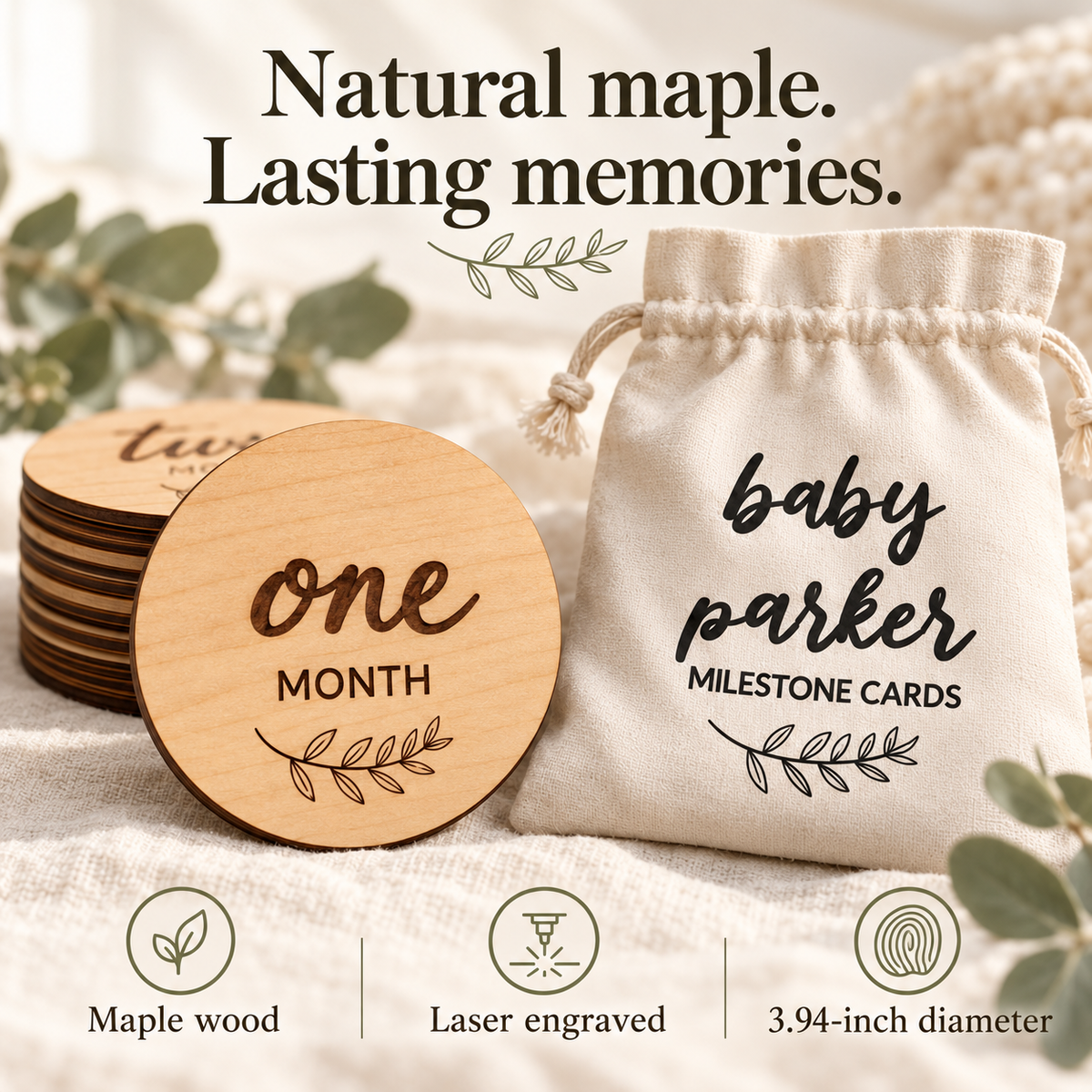Wooden Baby Milestone Cards – 13 Maple Discs with Personalized Name Bag