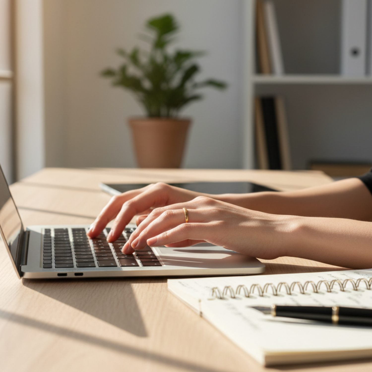 Person typing on a laptop with a notebook and pen on a desk, blurred plant and books in the background