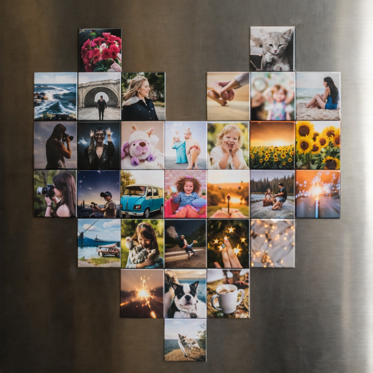 Collage of various photos arranged in a geometric pattern on a wall.