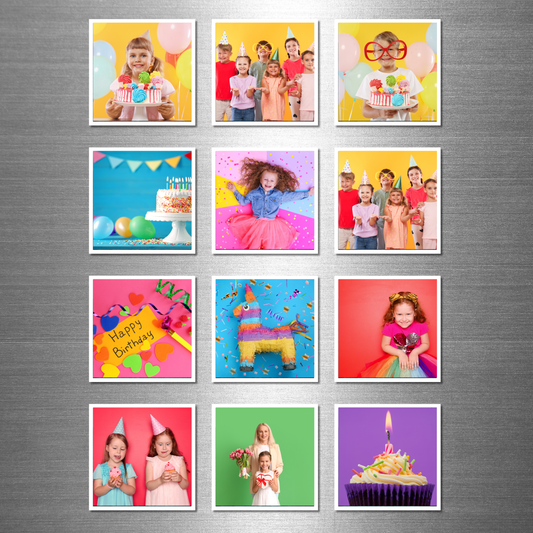Collection of colorful birthday-themed prints on a textured wall.