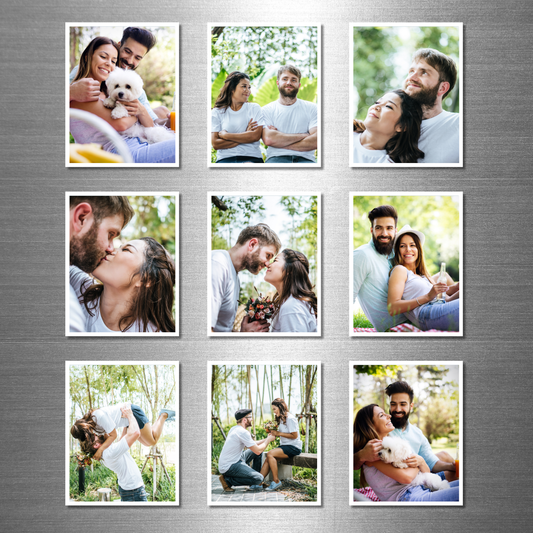 Collection of family and couple photos displayed on a textured wall.