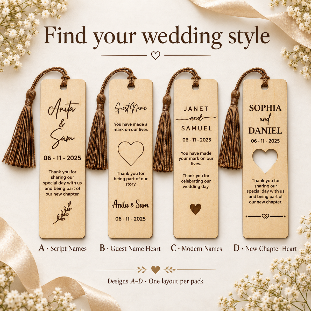 Personalized Engraved Maple Wood Wedding Bookmark Favours
