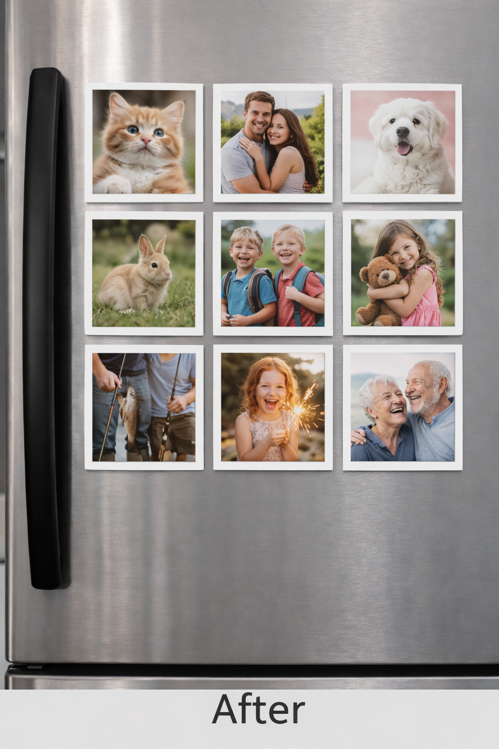 Stainless steel refrigerator with photo magnets on a white background