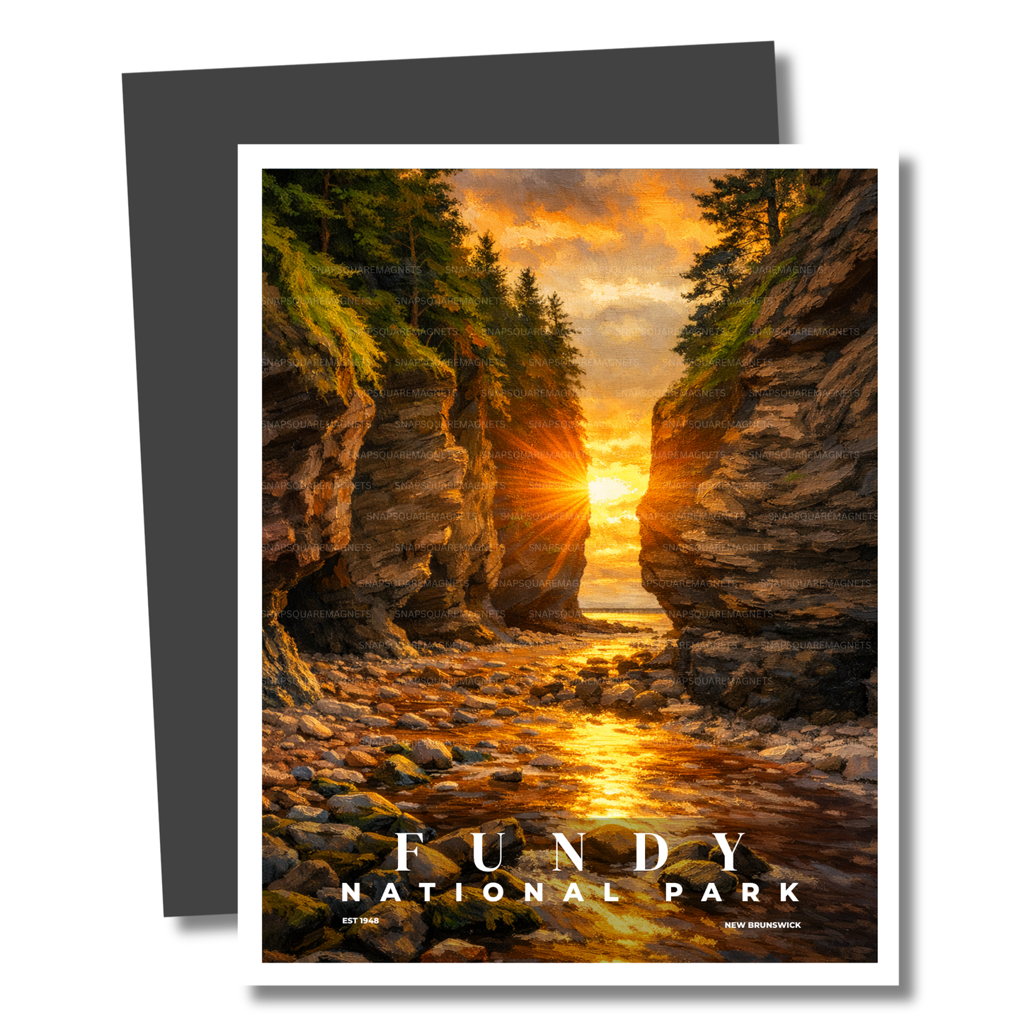 Magnet of Fundy National Park with a sunset through rocky cliffs and water.