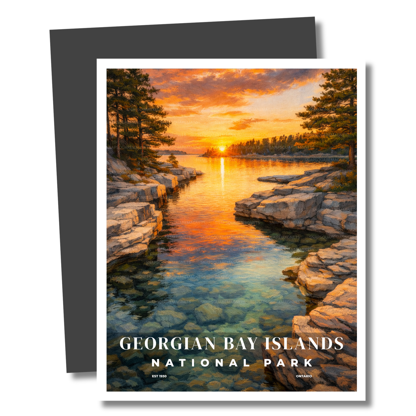 Georgian Bay Islands National Park Magnet with sunset over water and rocks.