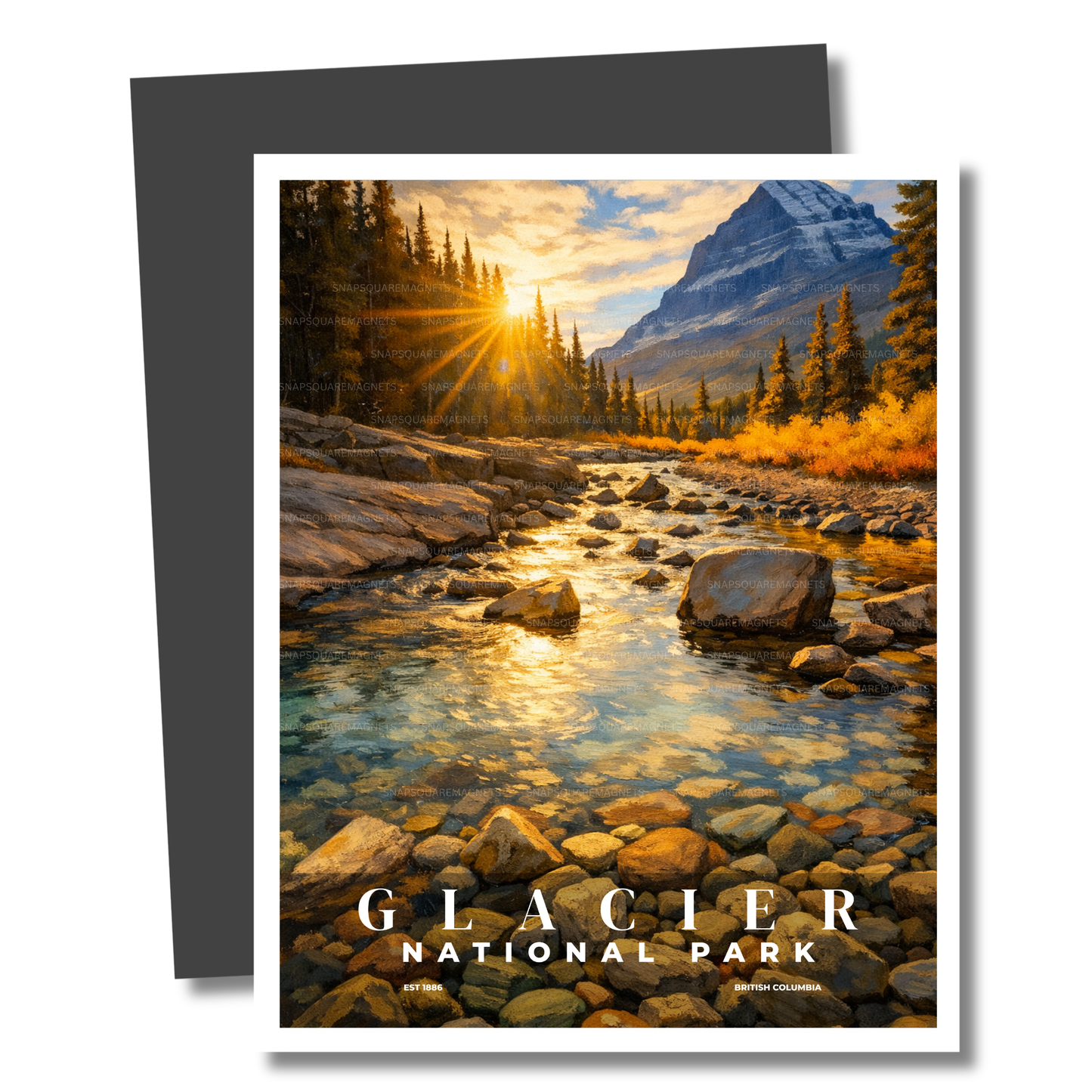 Magnet of Glacier National Park with a stream and mountains at sunset.