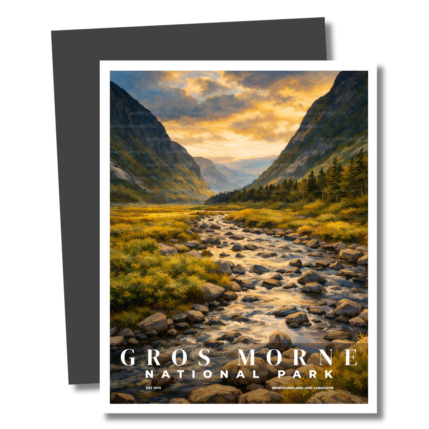 Magnet of Gros Morne National Park with a mountain landscape and stream.