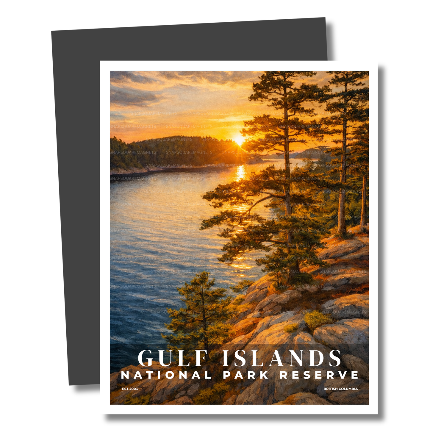 Magnet of Gulf Islands National Park Reserve with sunset over water and trees.