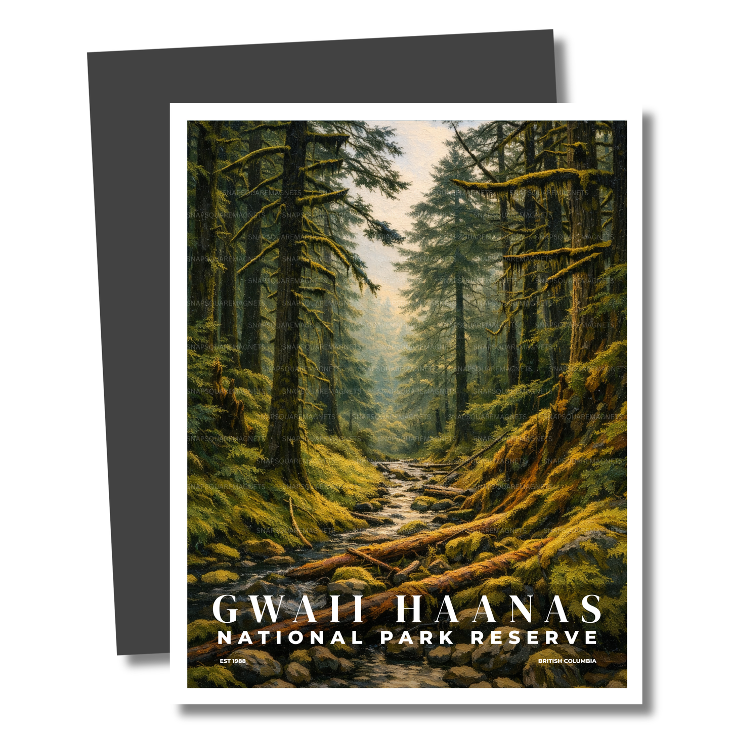 Magnet of a forest scene with a path and trees, featuring 'Gwaii Haanas National Park Reserve' text.
