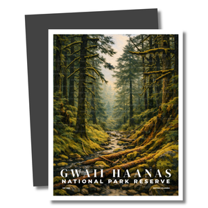Magnet of a forest scene with a path and trees, featuring 'Gwaii Haanas National Park Reserve' text.