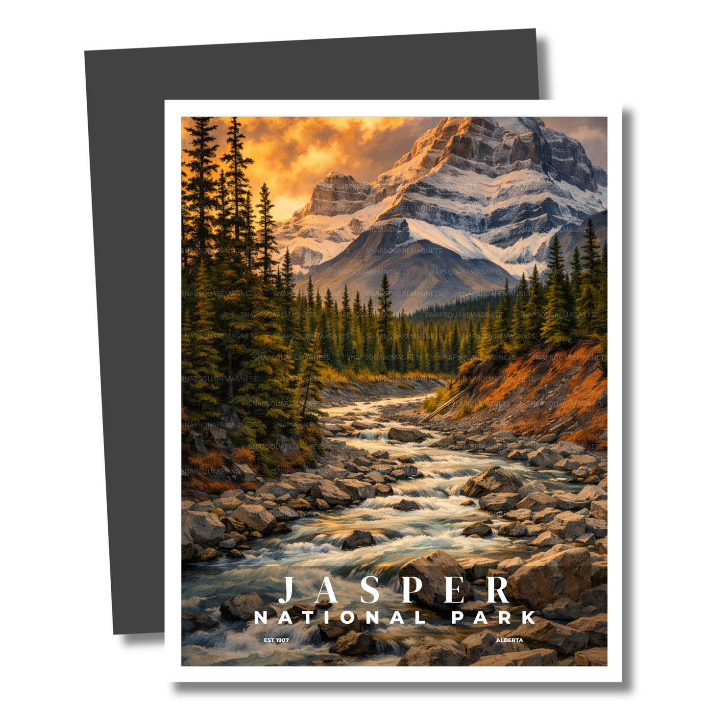 Magnet of Jasper National Park with a mountain and stream landscape.