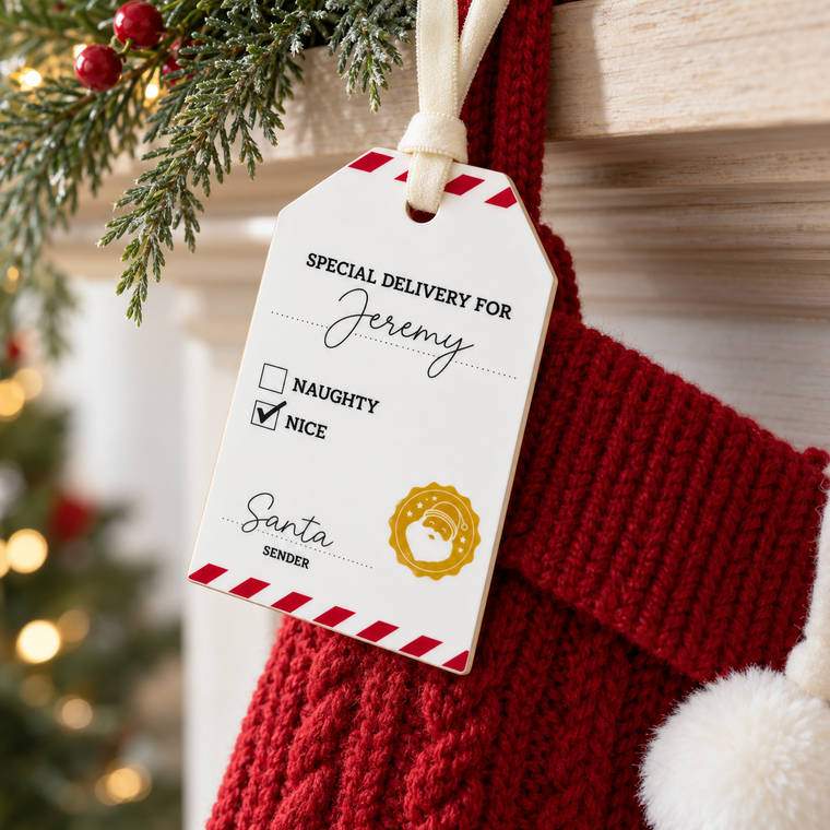 Personalized Santa Gift Tag – White Wooden Christmas Name Tag