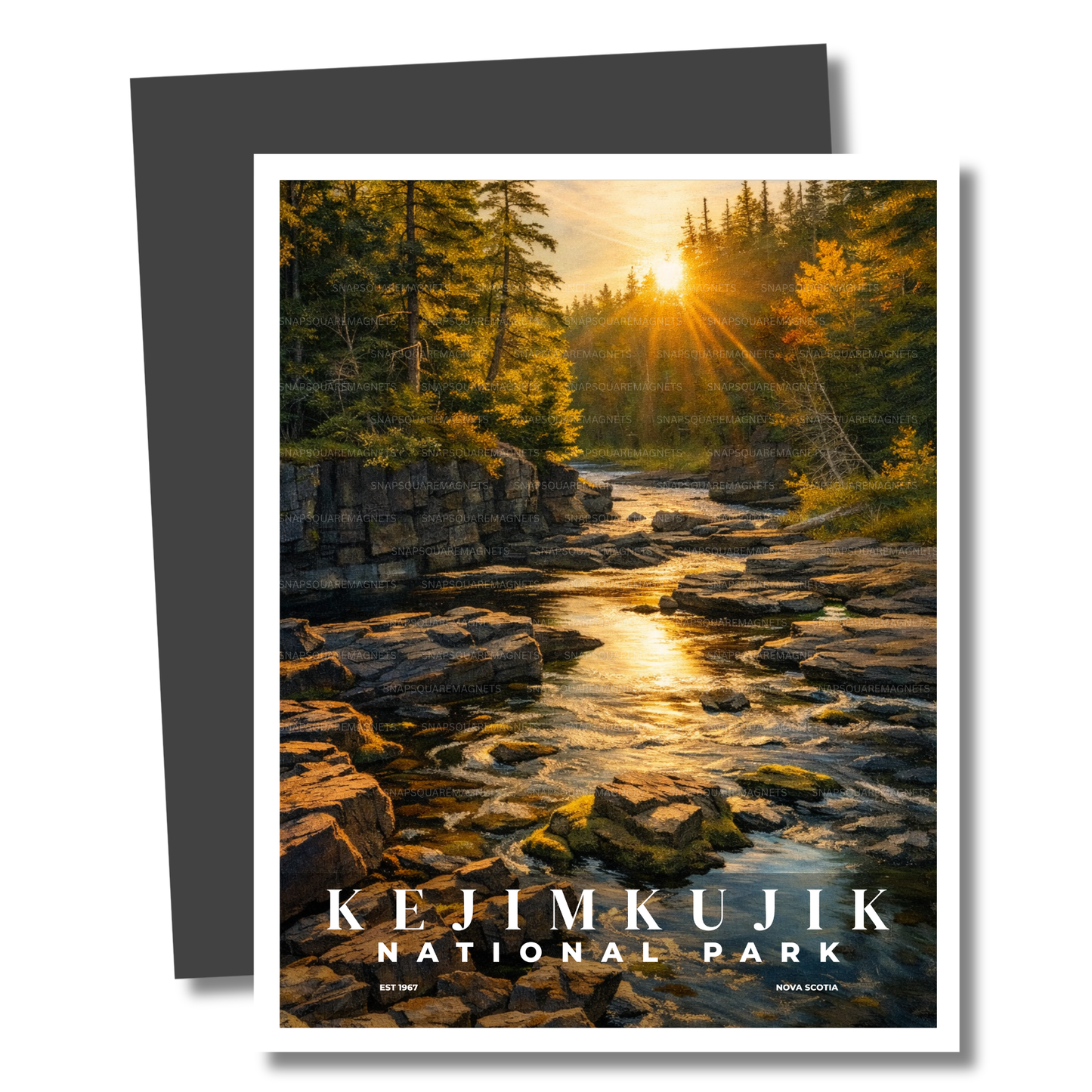 Kejimkujik National Park Magnet with a scenic view of a river and trees at sunset.