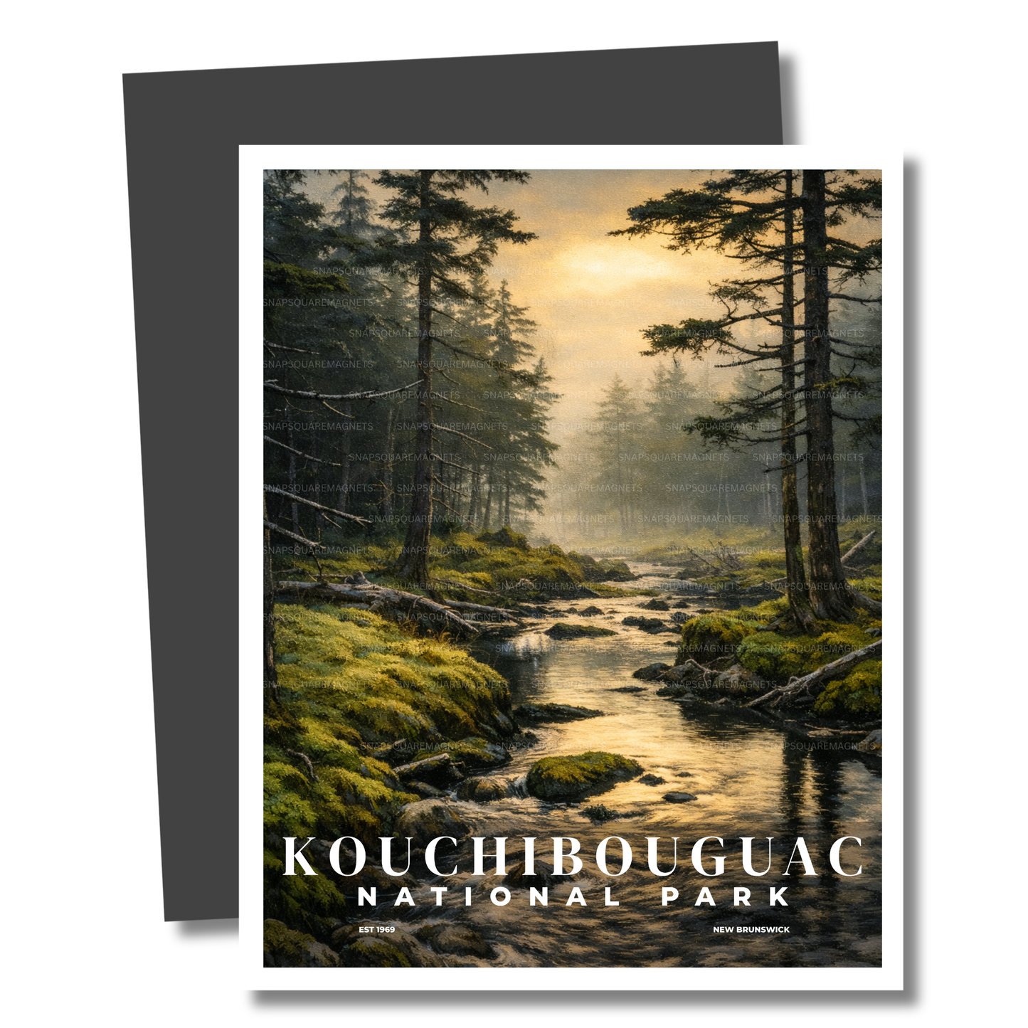 Magnet of Kouchibouguac National Park with a forest and stream scene.