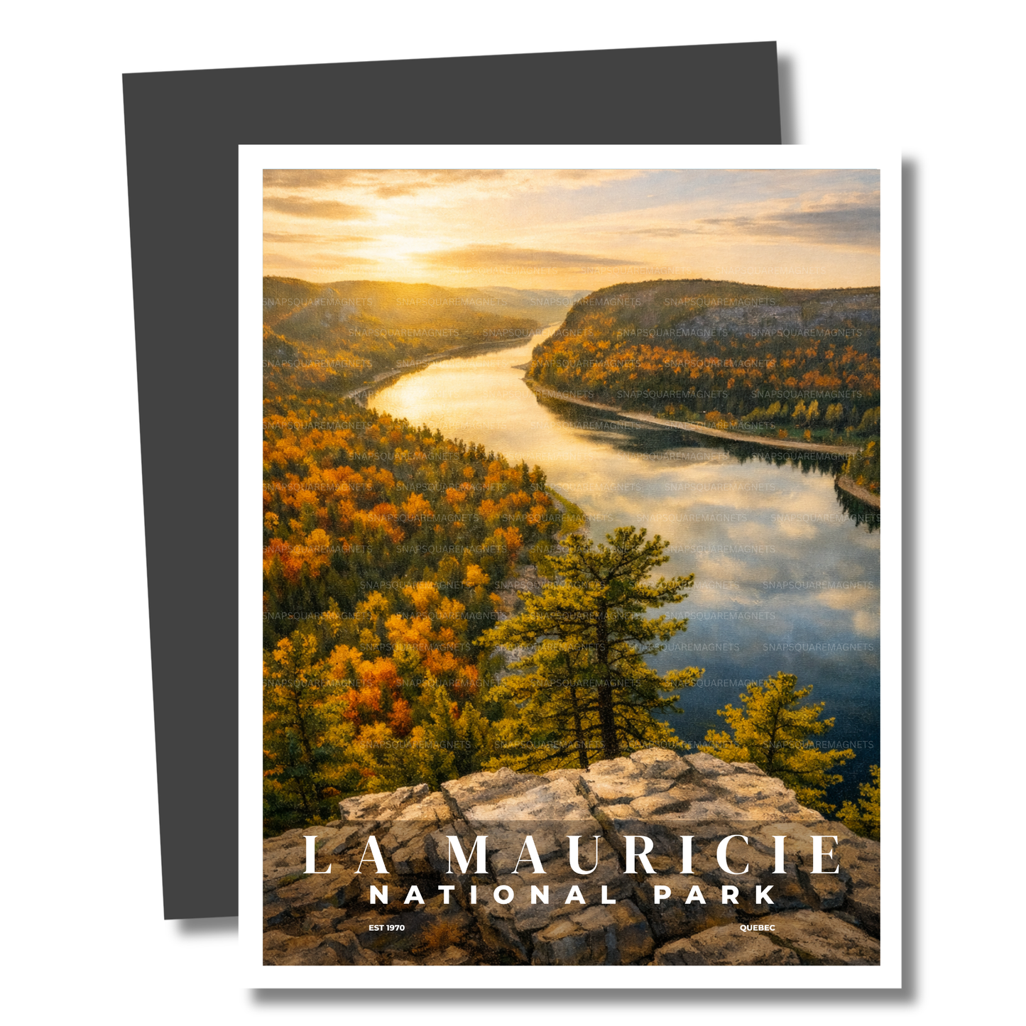 Magnet of La Mauricie National Park with a scenic view of a river and mountains.