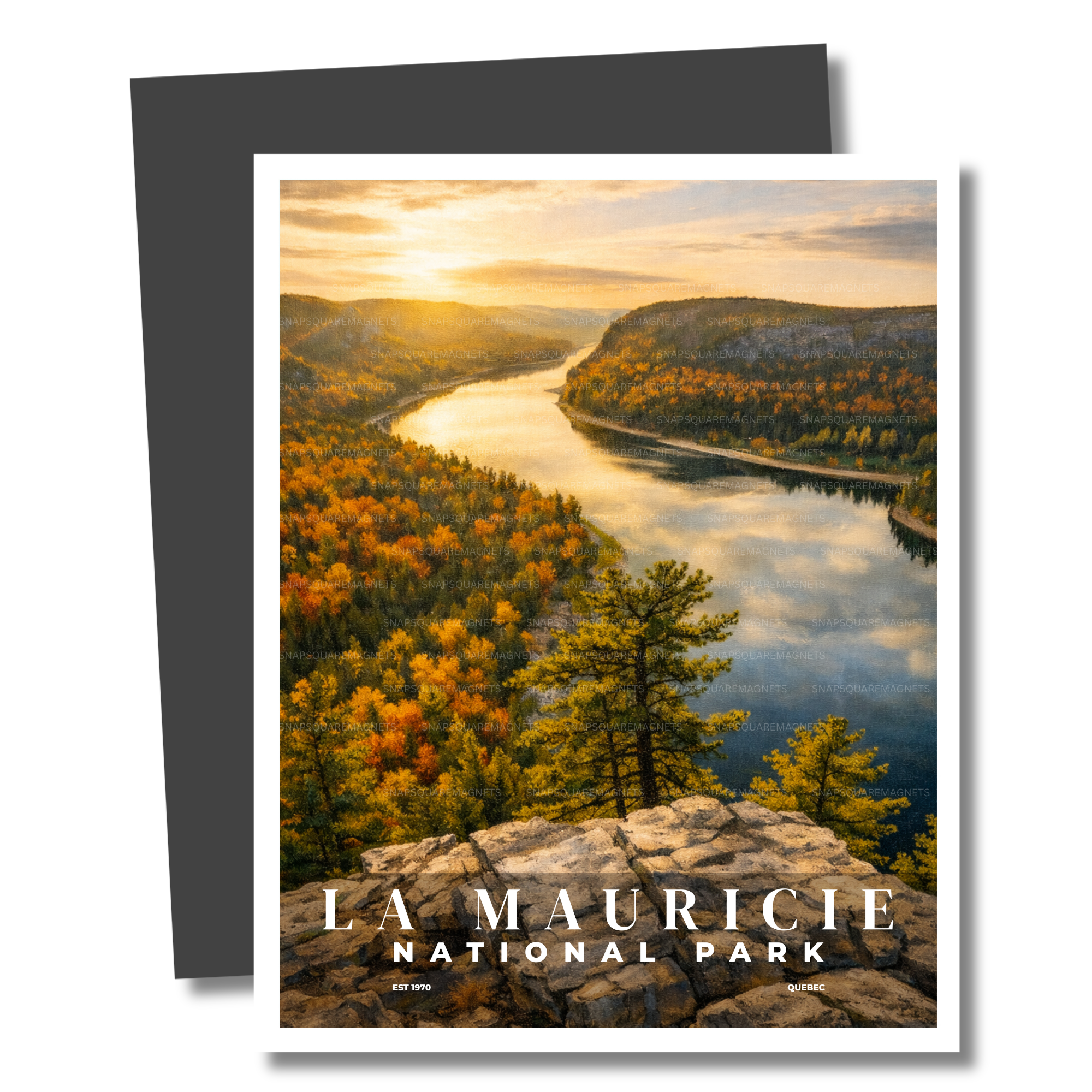 Magnet of La Mauricie National Park with a scenic view of a river and mountains.