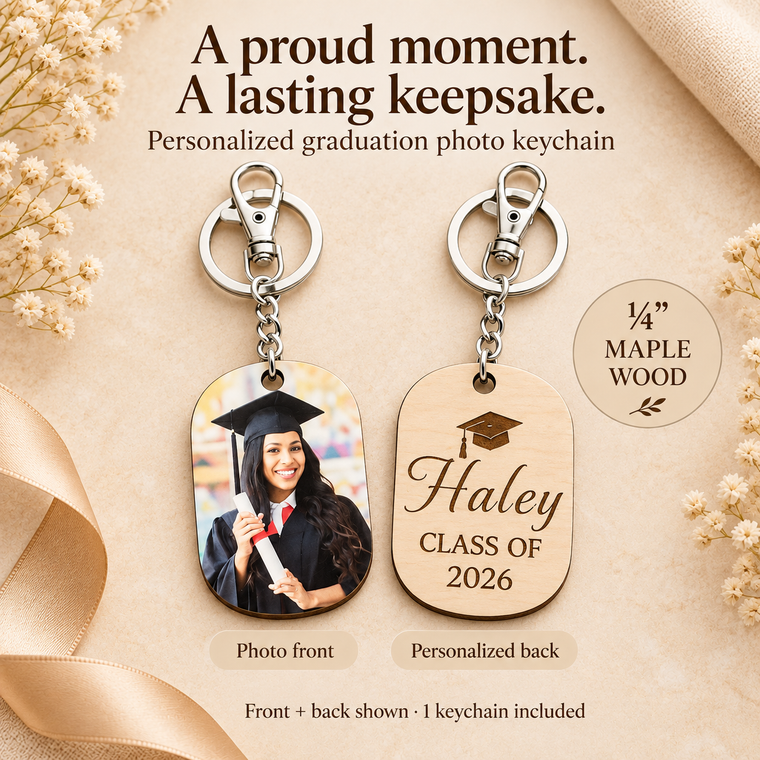 Personalized Graduation Photo Keychain – Maple Wood