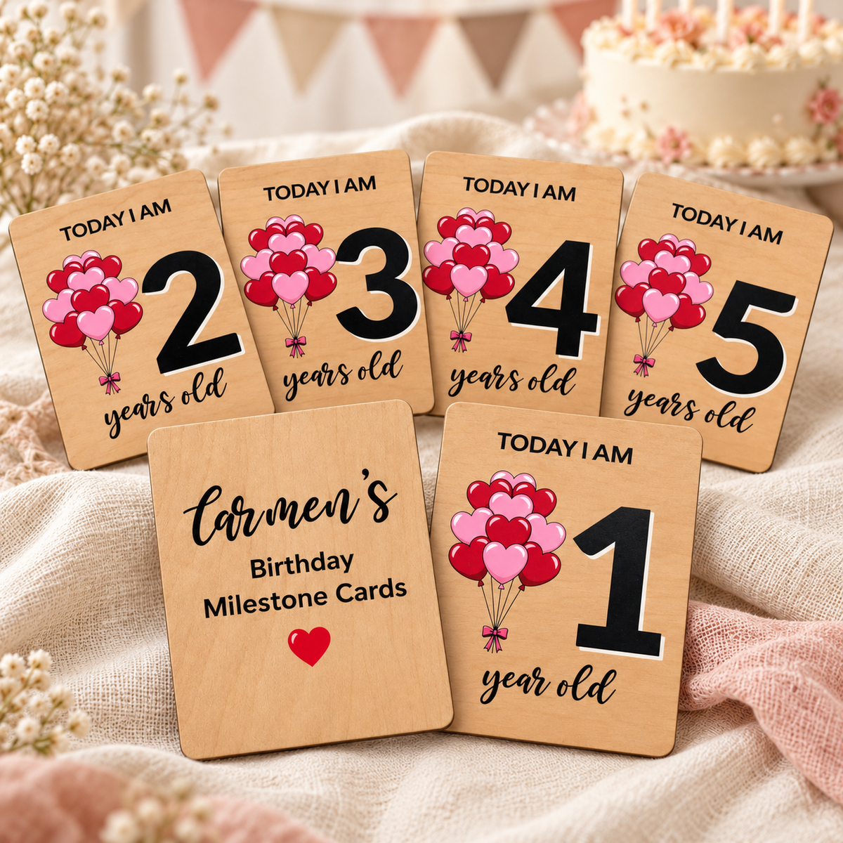 Personalized Wooden Birthday Milestone Cards – Ages 1–5, Heart Balloons