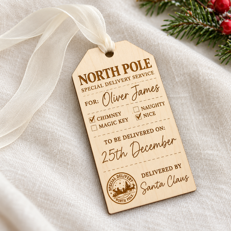 Personalized Santa Delivery Tag – Engraved Maple Wood with Chiffon Ribbon