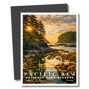 Magnet of Pacific Rim National Park Reserve with a sunset over a rocky coastline.