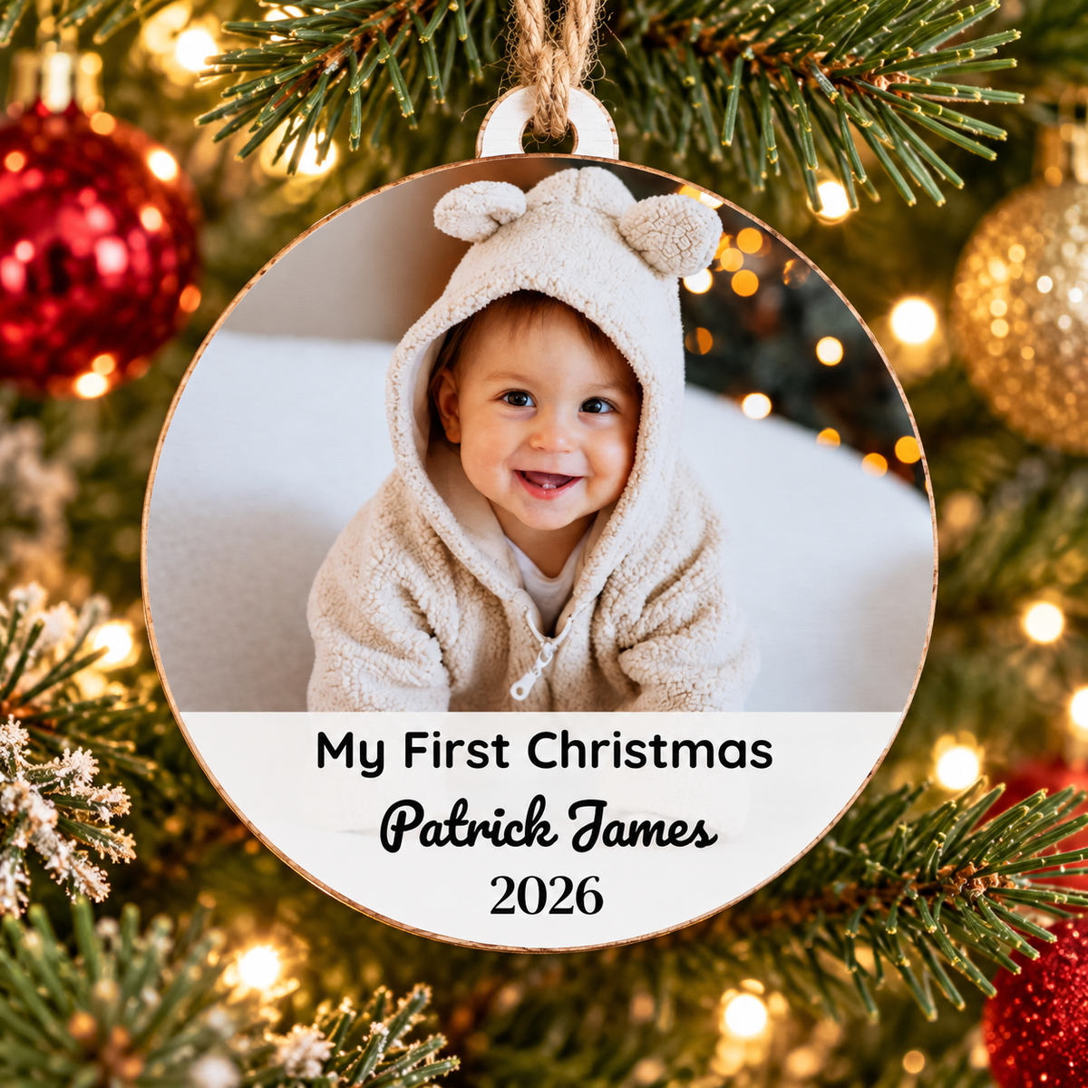 Newborn Photo Christmas Ornament – Personalized Name & Year Keepsake